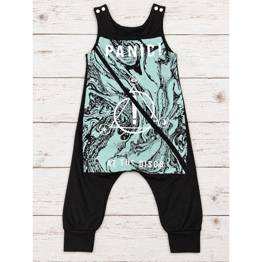Upcycled Panic! At The Disco Band Merch Tee Kids Harem Romper Jumpsuit Size 5